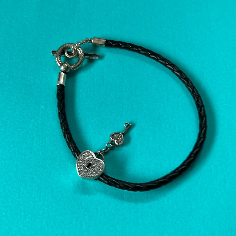 Pandora black leather t bar bracelet with Pandora heart lock and key